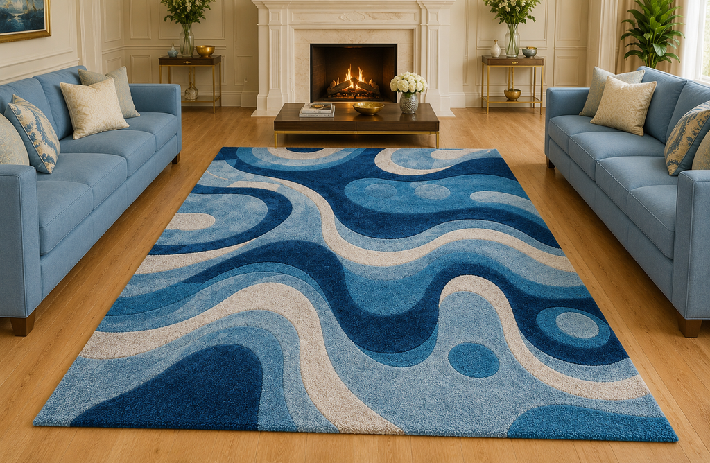 Hand Tufted Artisan Floral Block Print Wool Rug - View 7