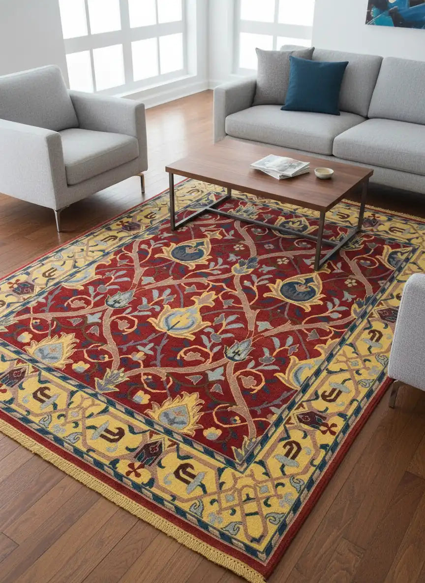 Persian Hand Tufted Wool Carpet 26 | Pomegranate Design | Natural Wool Anti-Skid Latex Backing – View 5