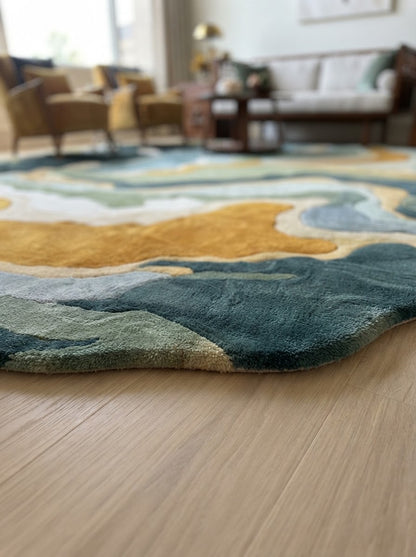 Teal and Gold Marble hand-tufted rug, image 1