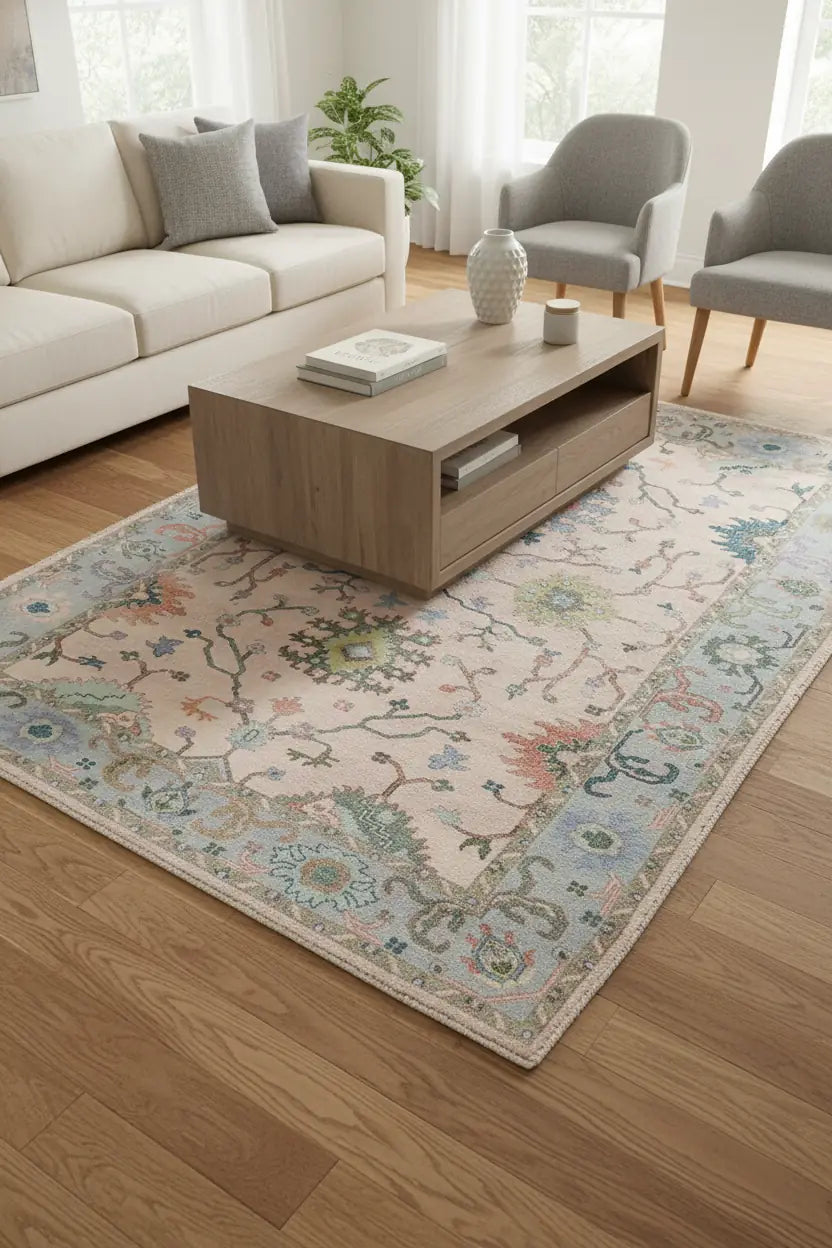 Persian Hand Tufted Wool Carpet 7 | Geometric Design | Natural Wool Anti-Skid Latex Backing – View 4