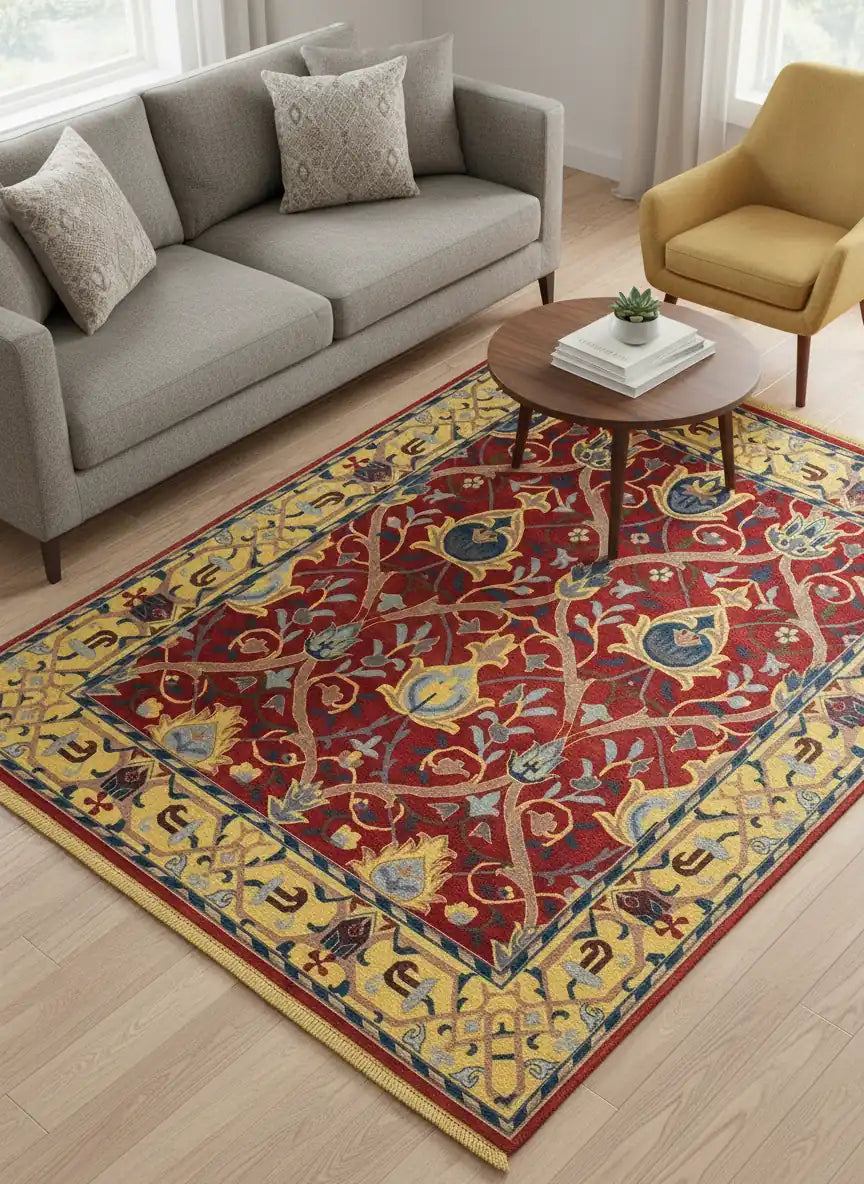 Persian Hand Tufted Wool Carpet 26 | Pomegranate Design | Natural Wool Anti-Skid Latex Backing – View 6