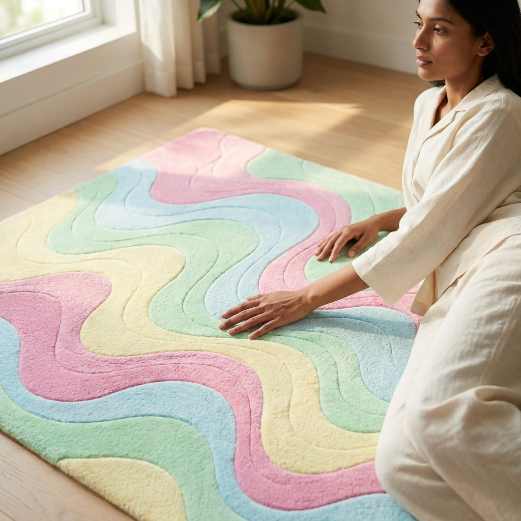 natural Hand Tufted Geometric Diamond Wool Rug - View 3
