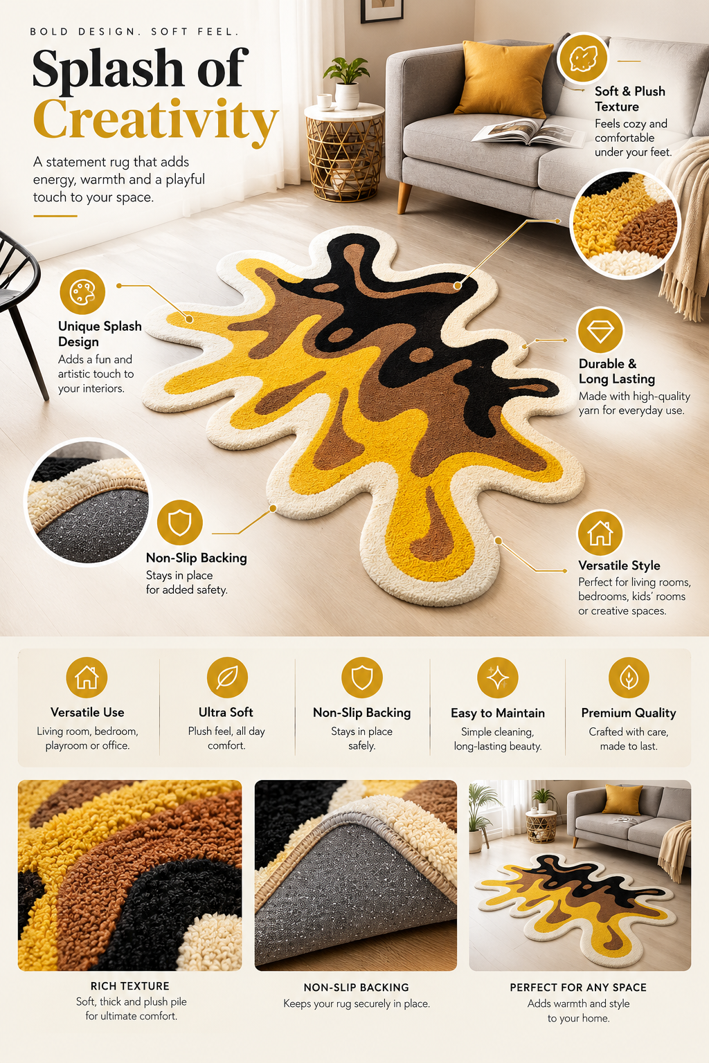 Yellow and Brown Paint Splash hand-tufted rug, image 6
