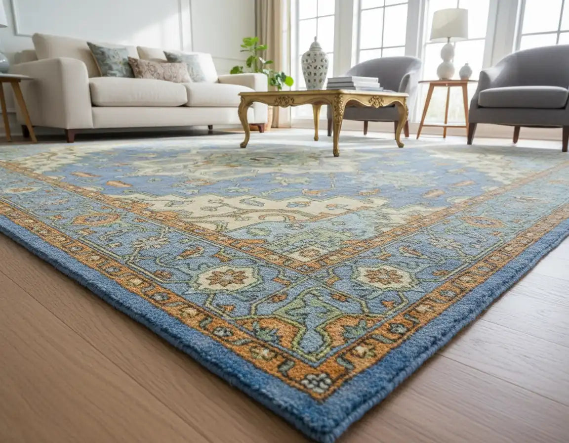 Persian Hand Tufted Wool Carpet 27 | Palmette Design | Natural Wool Anti-Skid Latex Backing – View 7