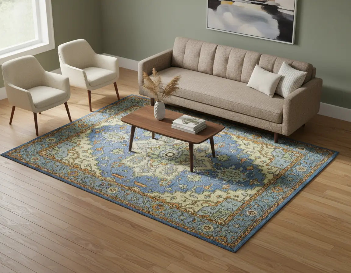 Persian Hand Tufted Wool Carpet 27 | Palmette Design | Natural Wool Anti-Skid Latex Backing – View 3