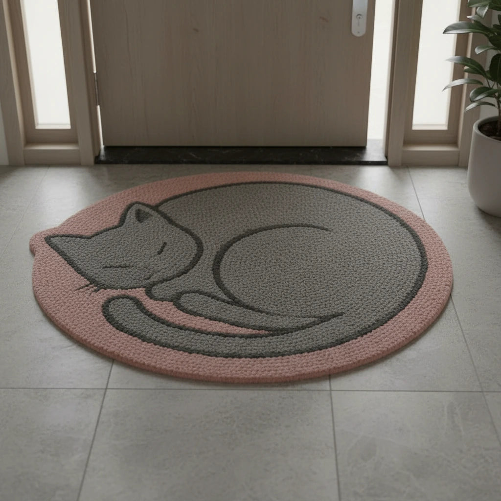 Hand Tufted Sleepy Cat Face Wool Doormat