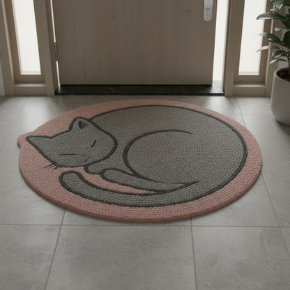 Hand Tufted Sleepy Cat Face Wool Doormat