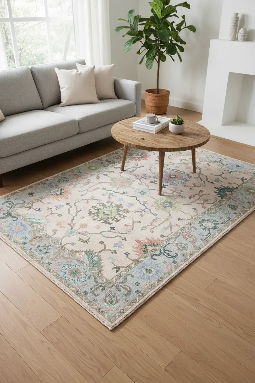 Persian Hand Tufted Wool Carpet 7 | Geometric Design | Natural Wool Anti-Skid Latex Backing – View 2