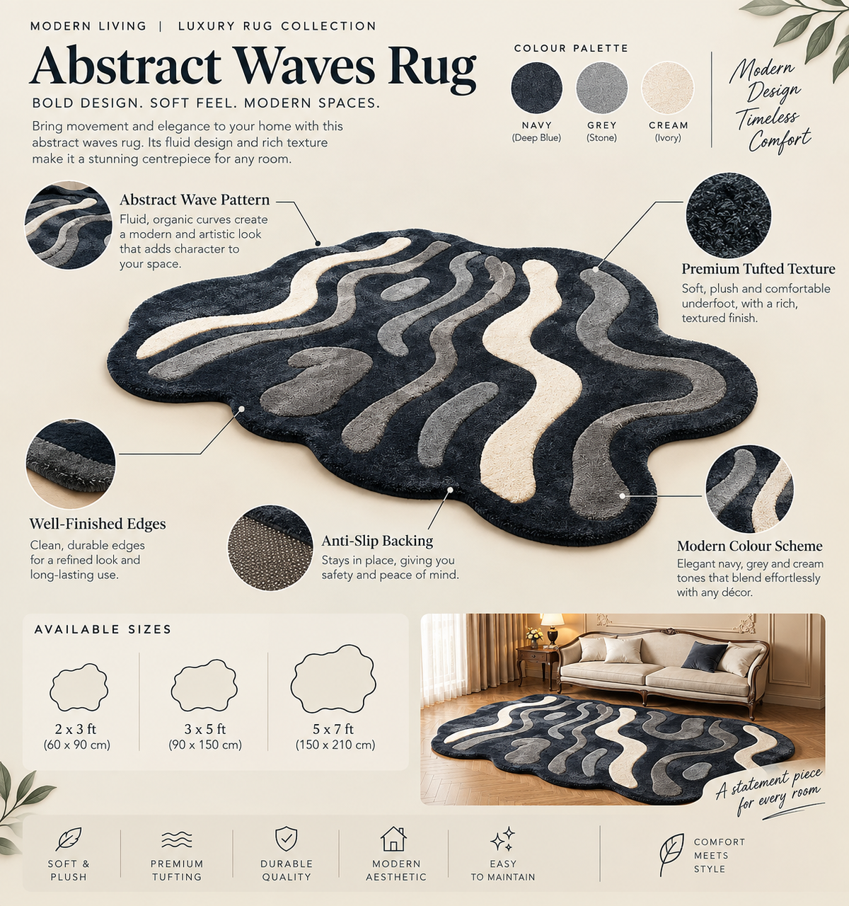 Navy Abstract Waves hand-tufted rug, image 3