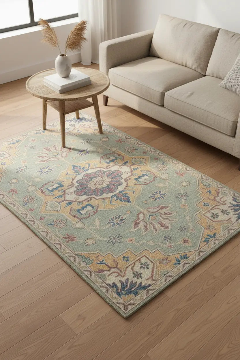 Persian Hand Tufted Wool Carpet 9 | Gul Design | Natural Wool Anti-Skid Latex Backing – View 6