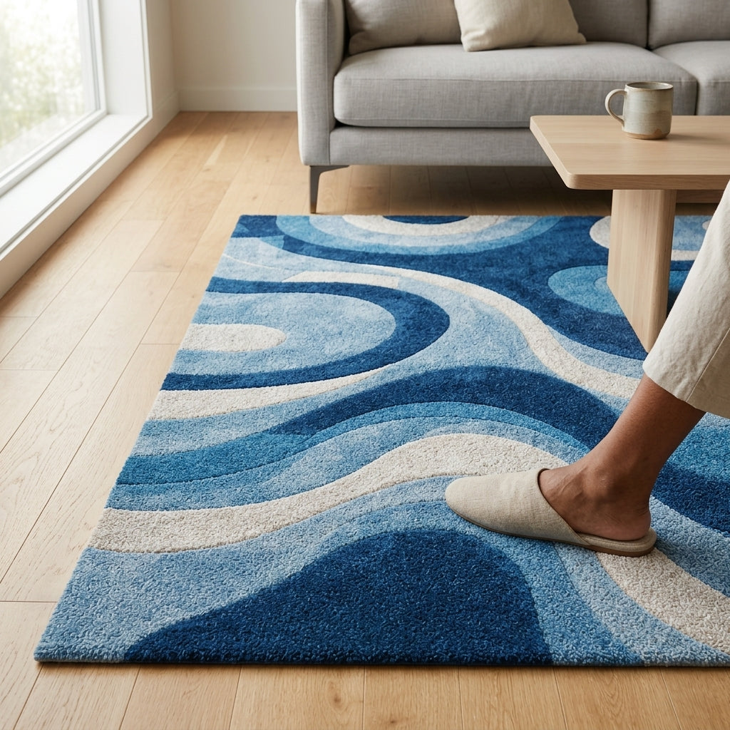 Hand Tufted Artisan Floral Block Print Wool Rug - View 5