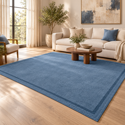 Dusty Blue Plain Hand Tufted Rug – Subtle Single Border styled in a decorated living room with sofa