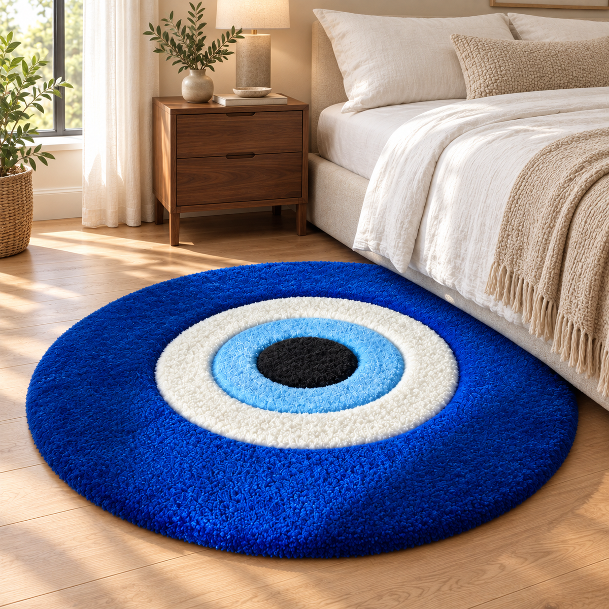 Blue Evil Eye Hand Tufted Rug | Round Statement Carpet
