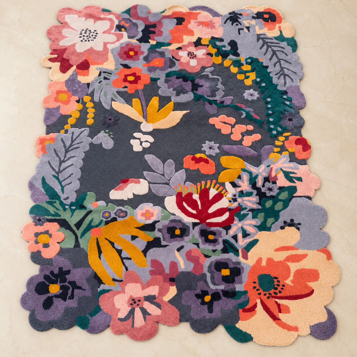 Straight vertical view of multicolor floral irregular hand tufted rug