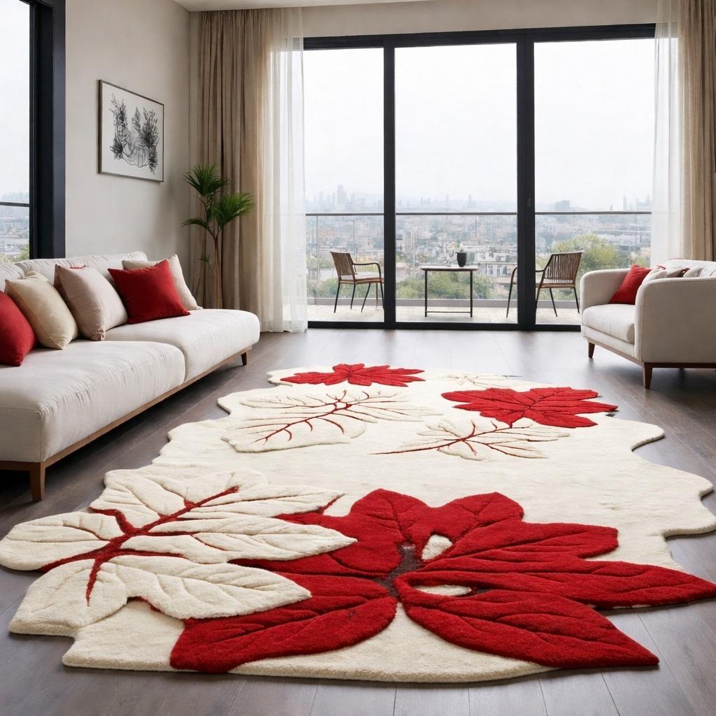 Sculpted red and ivory floral freeform rug shown in bright living room