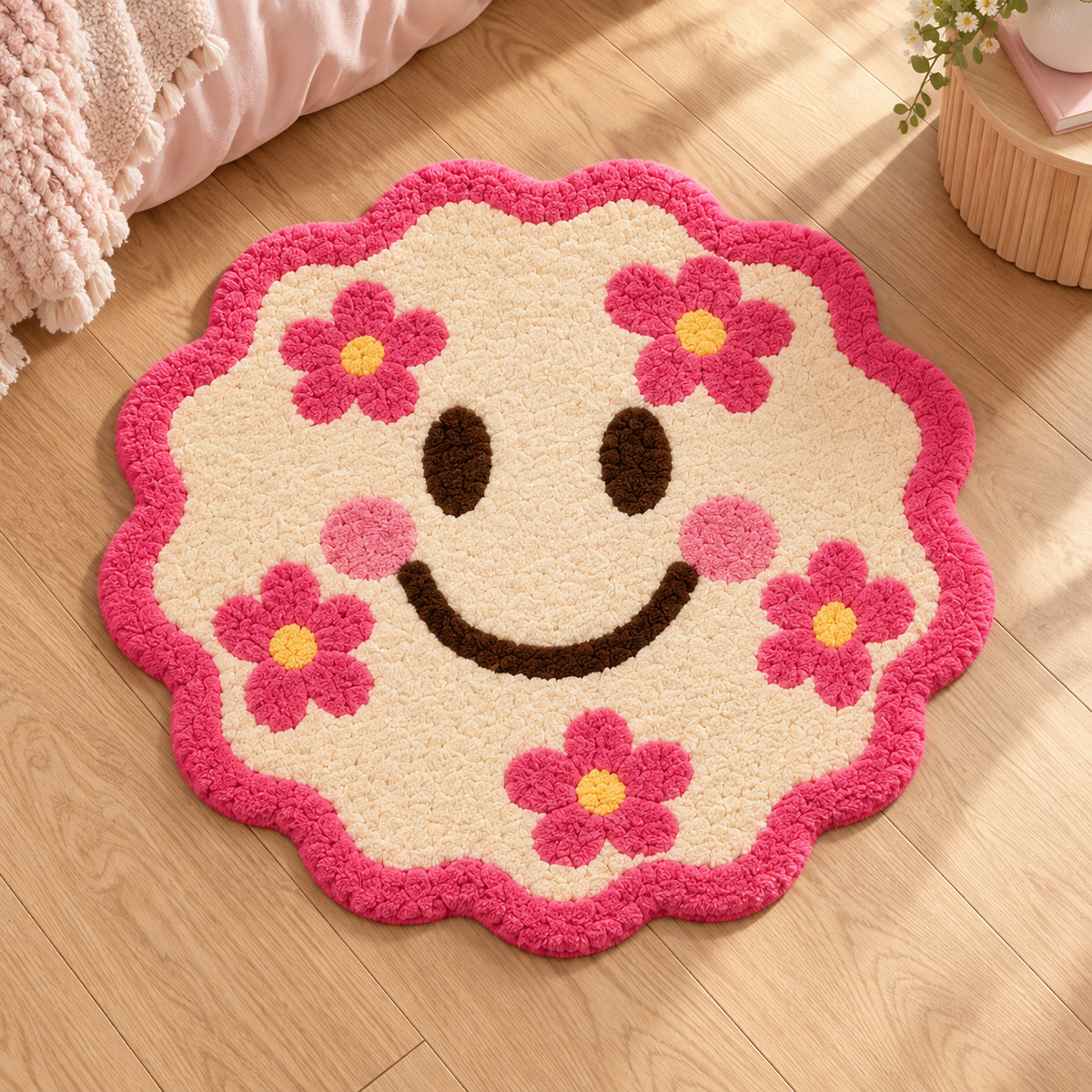 Flower Crown Smiley Rug — hand tufted wool rug