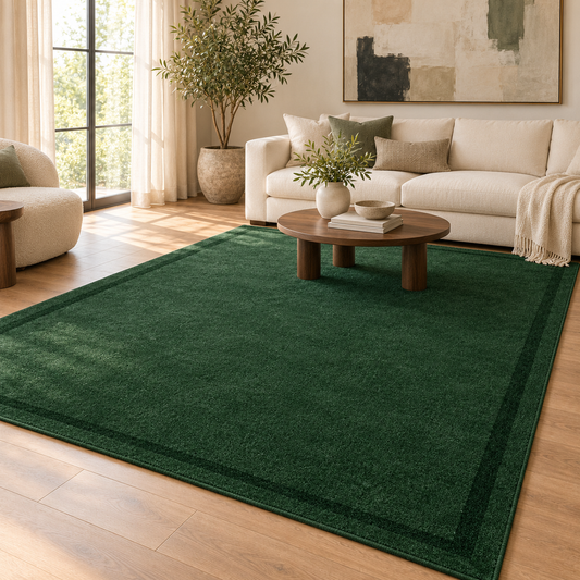 Forest Green Plain Hand Tufted Rug – Subtle Single Border styled in a decorated living room with sofa