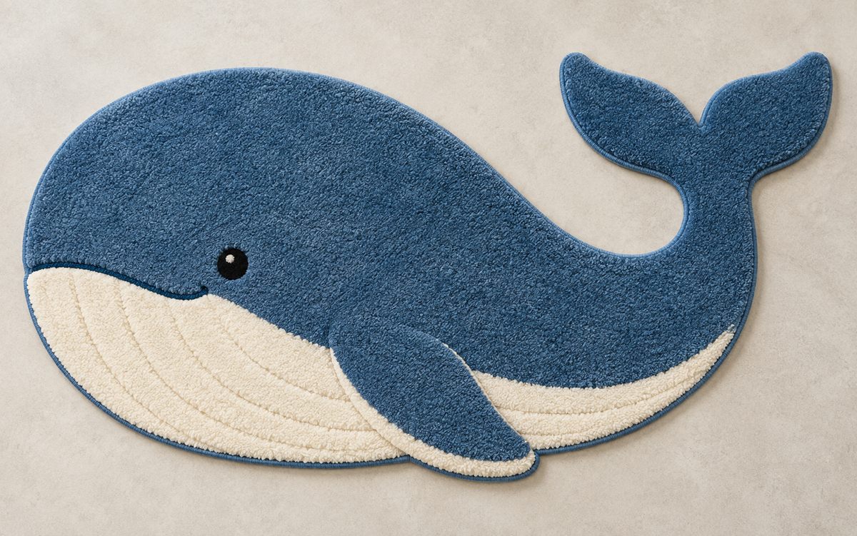Gentle Whale ocean blue & cream irregular hand-tufted wool rug – AI-generated design visualization