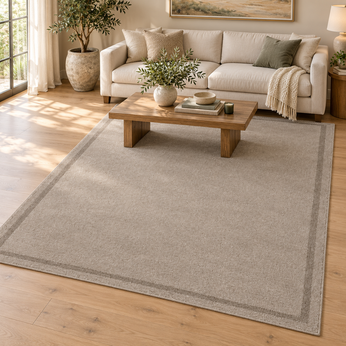 Greige Plain Hand Tufted Rug – Subtle Single Border styled in a decorated living room with sofa