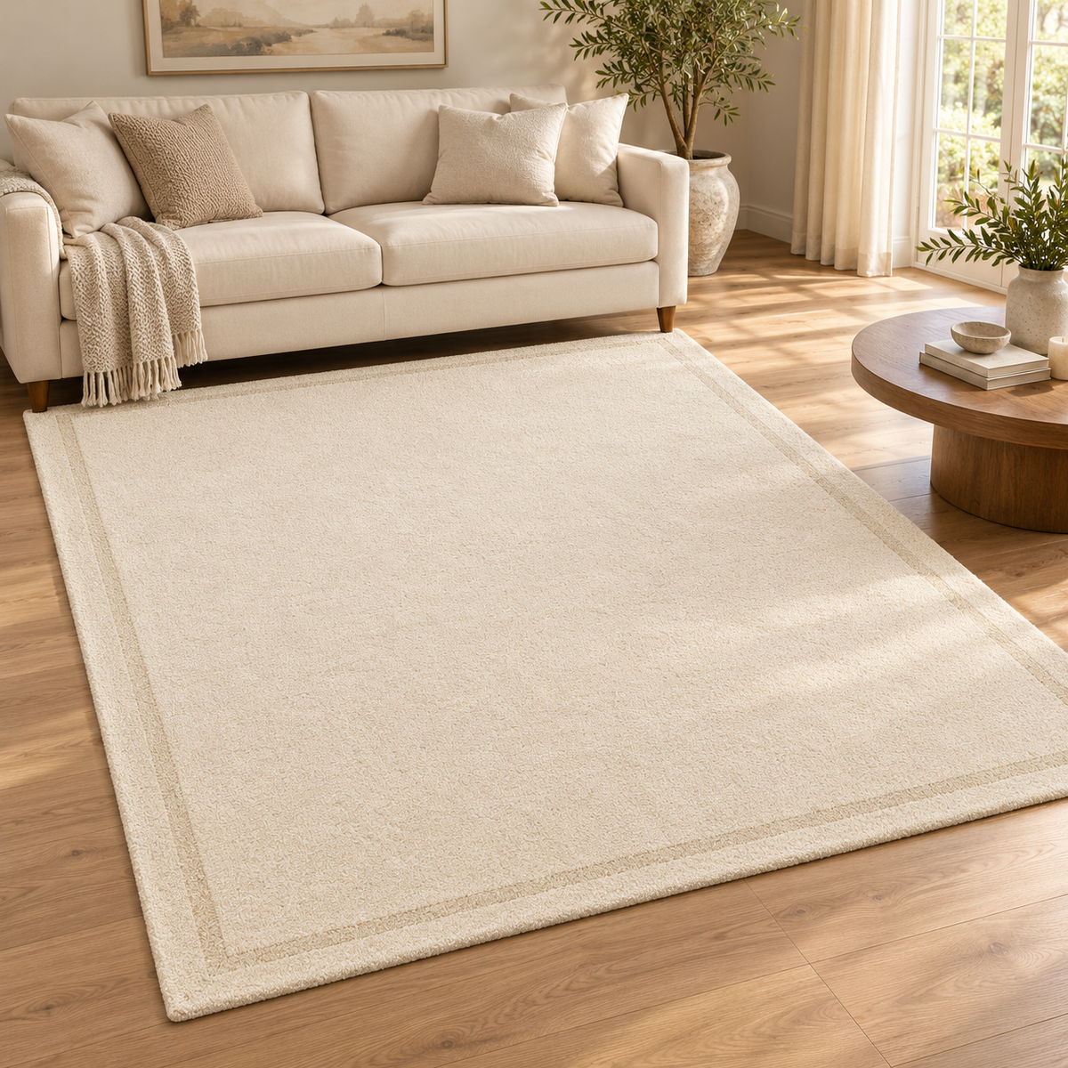 Ivory Cream Plain Hand Tufted Rug – Subtle Single Border styled in a decorated living room with sofa