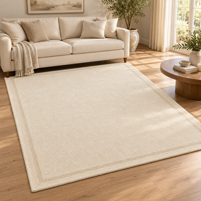 Ivory Cream Plain Hand Tufted Rug – Subtle Single Border styled in a decorated living room with sofa