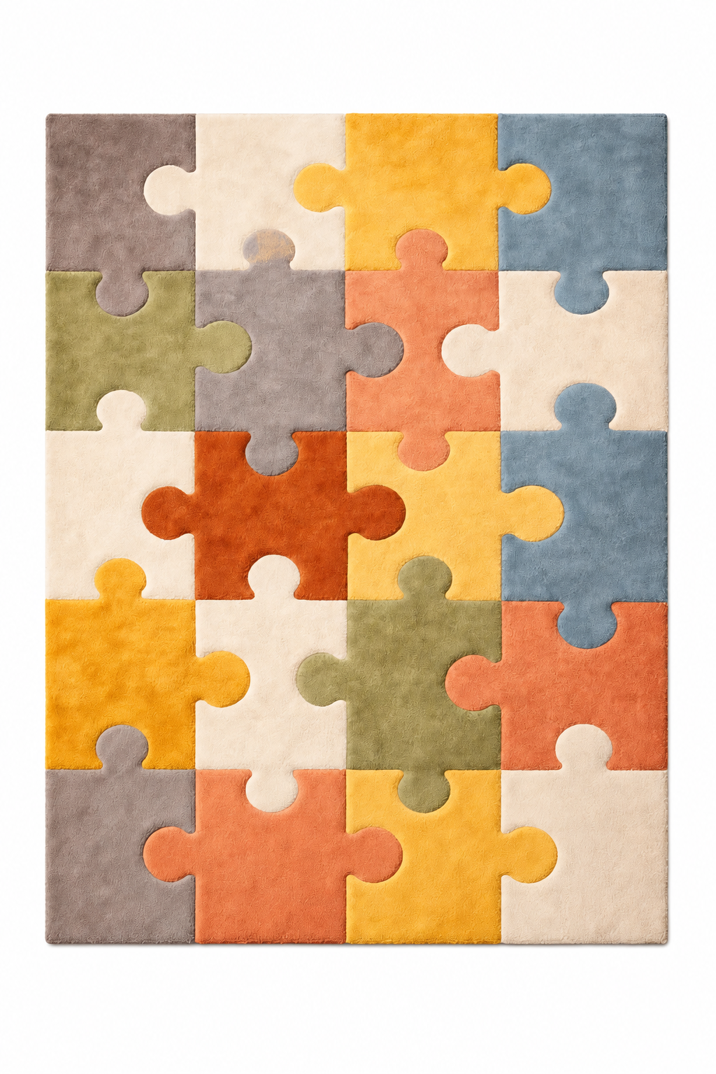 Multicolor jigsaw puzzle rug, full top-down view on white background