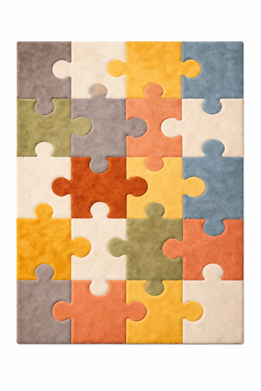 Multicolor jigsaw puzzle rug, full top-down view on white background