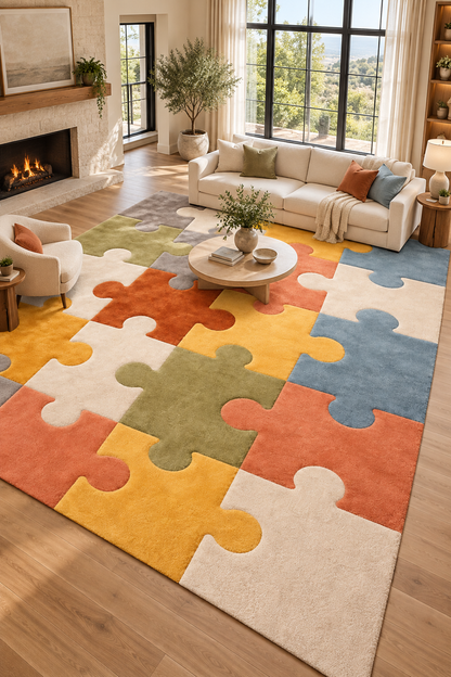 Oversized jigsaw puzzle rug beneath sofa and coffee table
