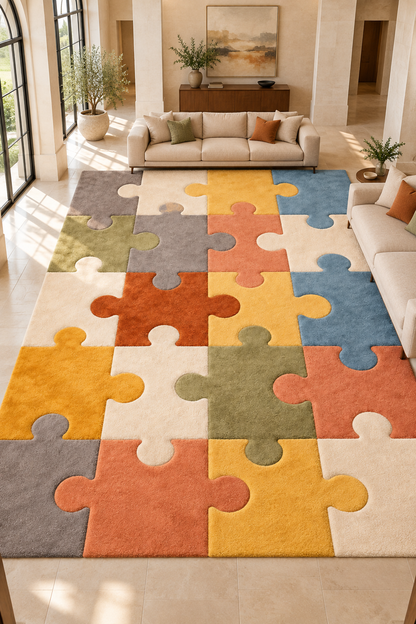 Large multicolor jigsaw rug in an elegant hall with sofas