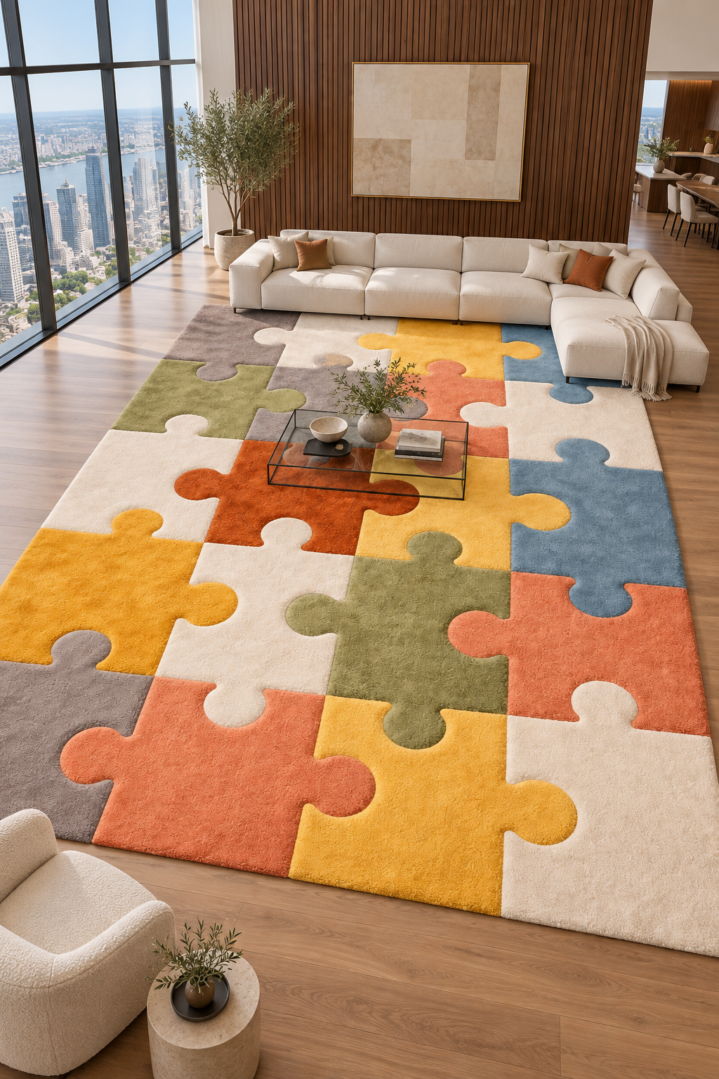Oversized puzzle rug beneath a sectional sofa and glass coffee table
