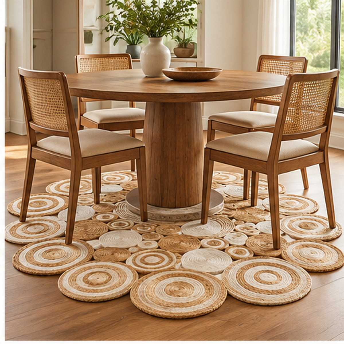 Round Natural & Ivory Jute Circle Rug – Braided Geometric Medallion Area Rug for Living Room & Bedroom