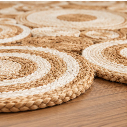 Round Natural & Ivory Jute Circle Rug – Braided Geometric Medallion Area Rug for Living Room & Bedroom