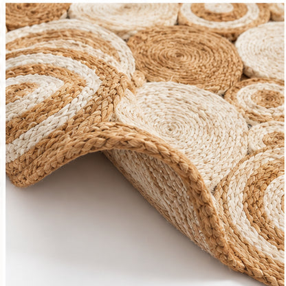 Round Natural & Ivory Jute Circle Rug – Braided Geometric Medallion Area Rug for Living Room & Bedroom