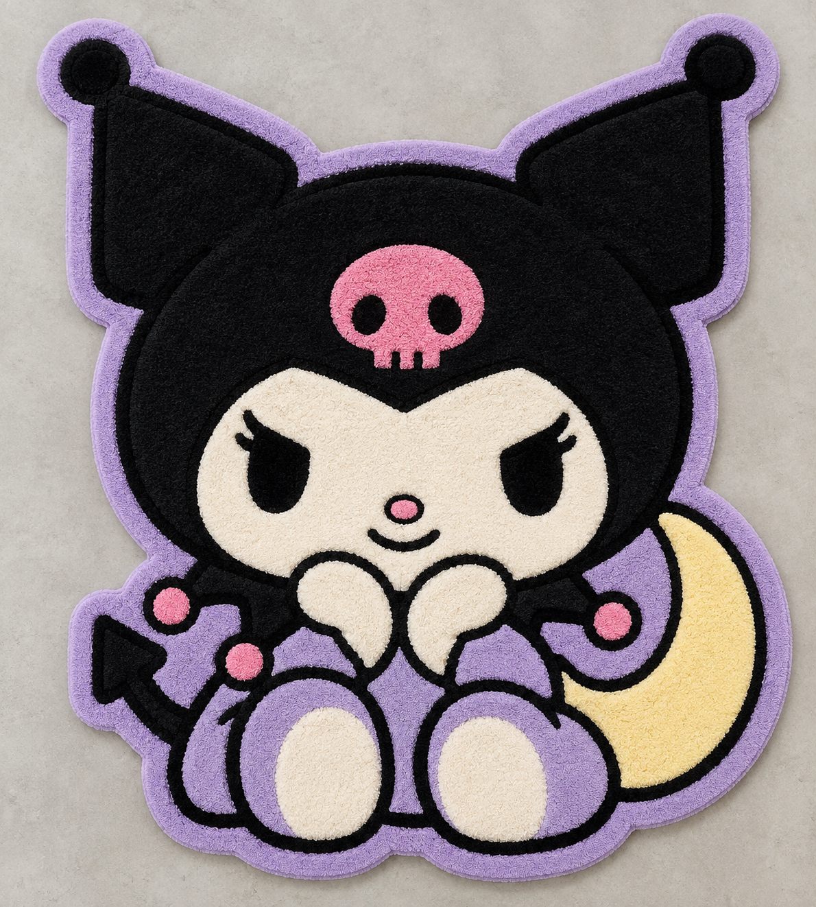 Kuromi Moonlight Kuromi-inspired cartoon hand-tufted wool character rug in black, lilac, pink & cream – AI-generated design visualization