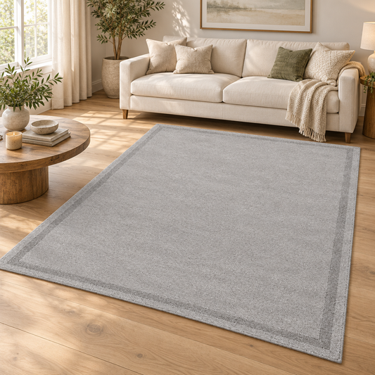 Light Grey Plain Hand Tufted Rug – Subtle Single Border styled in a decorated living room with sofa