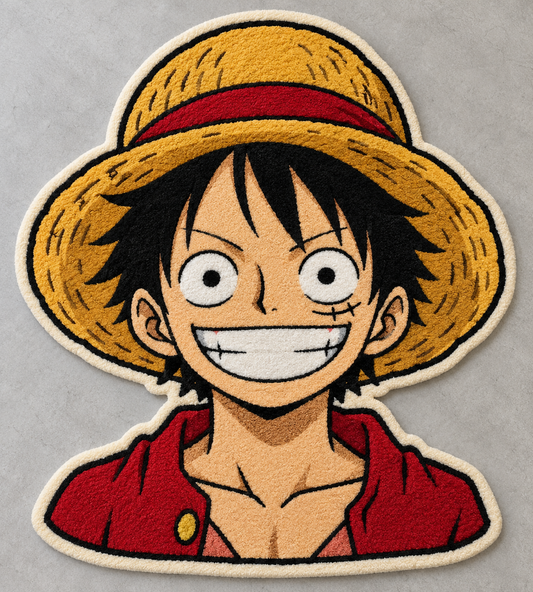 Luffy Sunset Luffy-inspired anime hand-tufted wool character rug in straw gold, red, cream & black – AI-generated design visualization