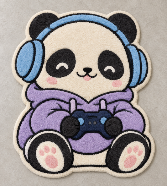 Mochi Gamer original cartoon panda hand-tufted wool rug in cream, black, lilac and sky blue – AI-generated design visualization