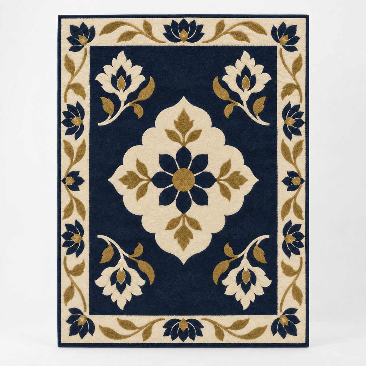 Hand Tufted Floral Wool Area Rug – Navy Blue, Cream & Gold Botanical Design – full front view