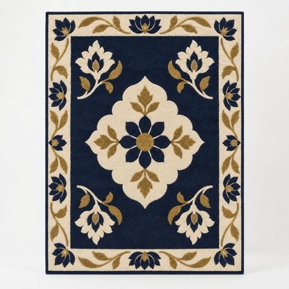 Hand Tufted Floral Wool Area Rug – Navy Blue, Cream & Gold Botanical Design – full front view