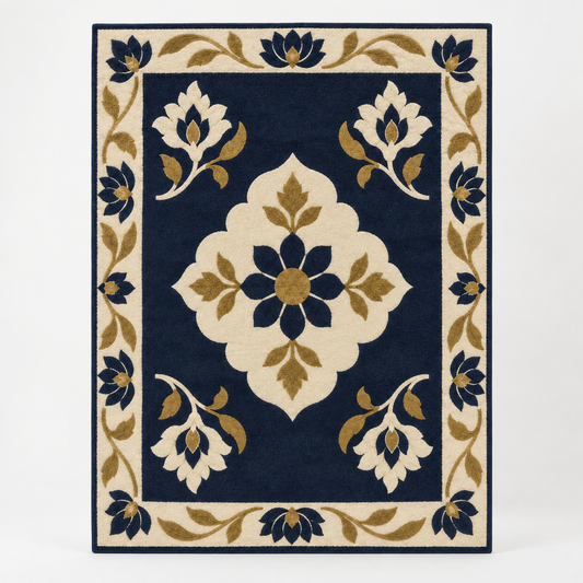 Hand Tufted Floral Wool Area Rug – Navy Blue, Cream & Gold Botanical Design – full front view