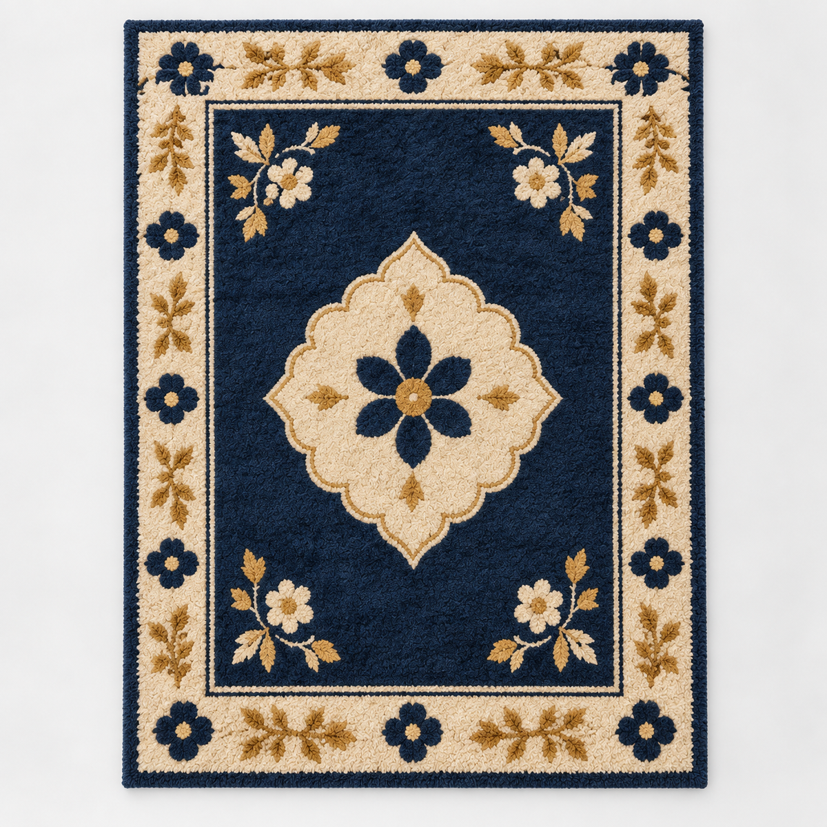 Hand Tufted Floral Wool Rug – Navy Blue, Cream & Gold – full front view