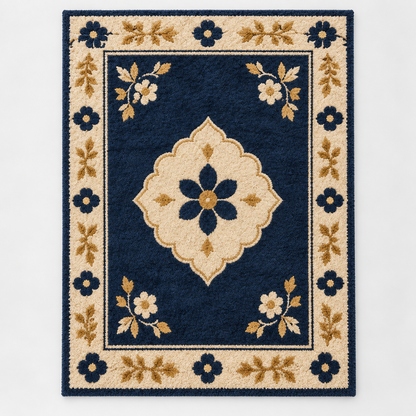 Hand Tufted Floral Wool Rug – Navy Blue, Cream & Gold – full front view
