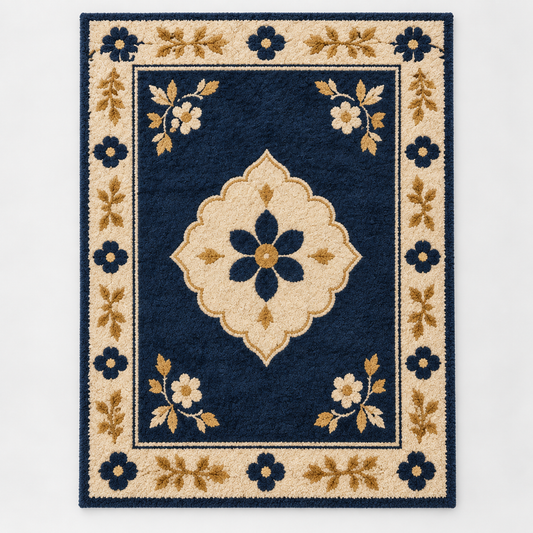 Hand Tufted Floral Wool Rug – Navy Blue, Cream & Gold – full front view