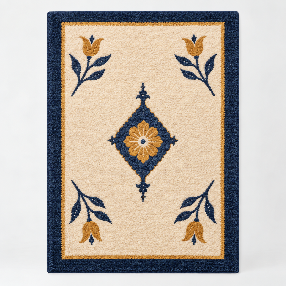 Hand Tufted Medallion Wool Rug – Cream, Navy Blue & Gold – full front view