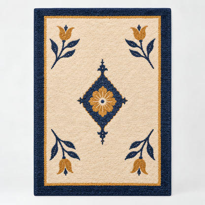 Hand Tufted Medallion Wool Rug – Cream, Navy Blue & Gold – full front view