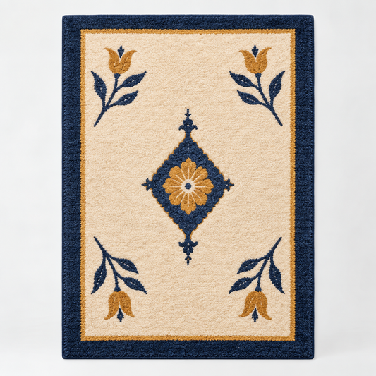 Hand Tufted Medallion Wool Rug – Cream, Navy Blue & Gold – full front view