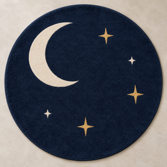 Moon Garden navy blue, cream & gold round hand-tufted wool rug – AI-generated design visualization