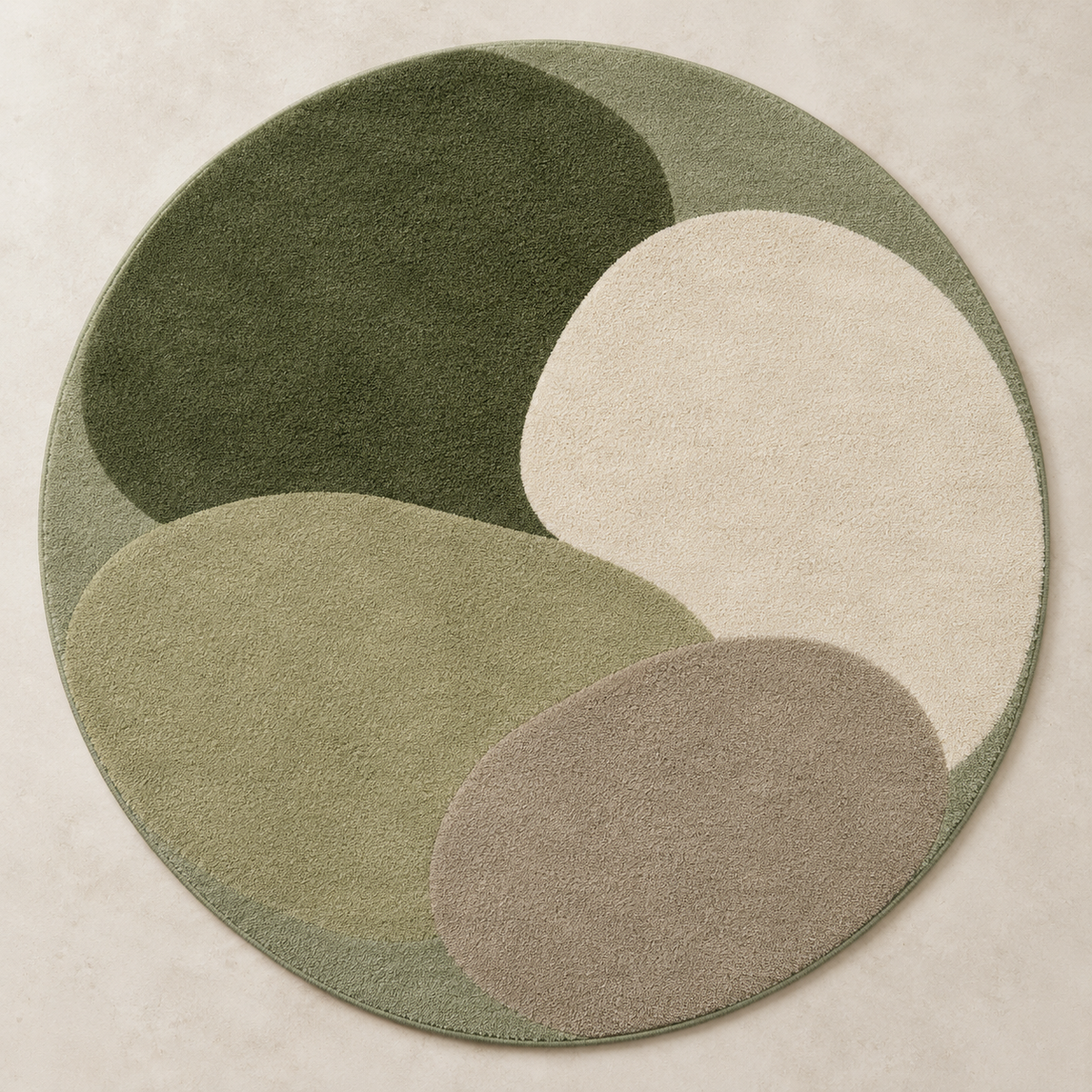 Moss Pebble sage green, moss & cream round hand-tufted wool rug – AI-generated design visualization