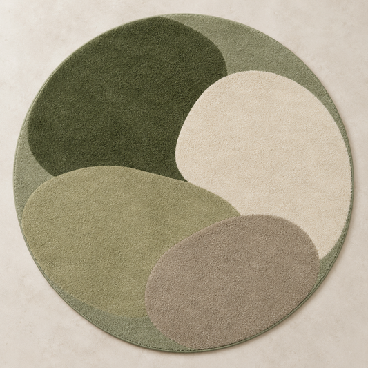 Moss Pebble sage green, moss & cream round hand-tufted wool rug – AI-generated design visualization