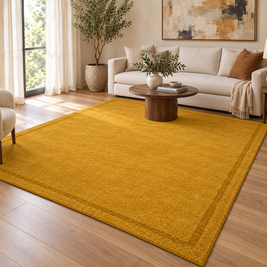 Mustard Plain Hand Tufted Rug – Subtle Single Border styled in a decorated living room with sofa